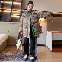 Girls alphabet cotton-padded clothes 2022 winter new middle and big childrens contrast color embroidery loose all-match hooded cotton-padded jacket tide