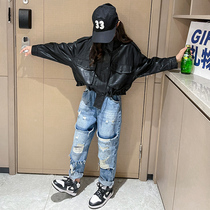 Girls leather clothing spring and autumn models big childrens fried street jacket 2023 new boys leather jacket catwalk show motorcycle top trend