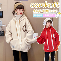 Middle and big childrens high-necked hooded sweater 2022 foreign style boys and girls plus velvet thickened all-match warm casual loose top