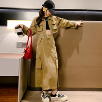 Girls spring denim suit 2023 new foreign style tooling long skirt middle and big boys short wool edge top two-piece trendy