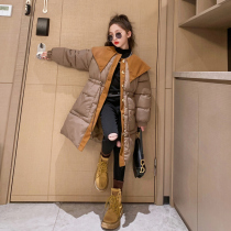 Girls mid-length cotton-padded jacket 2022 winter cotton-padded thickened large lapel warm cotton-padded jacket for big children with waist waist cotton clothing tide