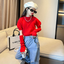 Girls net red splicing sleeve catwalk sweater 2023 spring new middle and big children fried street trendy knitted sleeve sleeve top tide