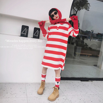 Girls striped dress 2023 spring bombing street big childrens catwalk Polo shirt mid-length foreign style sweater skirt