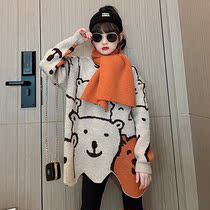 Girls cartoon bottoming sweater 2022 autumn and winter childrens mid-length irregular hem bear scarf sweater tide