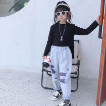 Girls suit bombing street spring big childrens irregular tops childrens loose denim ripped pants trendy childrens two-piece suit