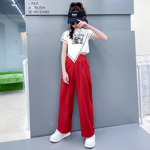 Girl Irregular Suit Foreign Air Summer Dress 2022 New Children Letters Short Sleeve Casual Broadlegged Pants Fried Street Two