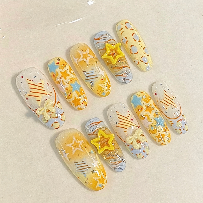 Yellow and Blue Contrasting Color Star Embossed Wearable Nails, Summer Vitality, Removable Nail Patches
