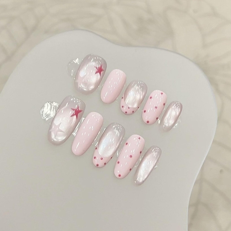 Pink Mist Star Spot Pink and White Gradient French Style Press-On Nails Star Polka Dot Glass Beads Cat Eye Fresh and Brightening Nail Art Pink Mist Star Spot Pink and White Gradient French Style Press-On Nails Star Polka Dot Glass Beads Cat Eye Fresh and Brightening Nail Art