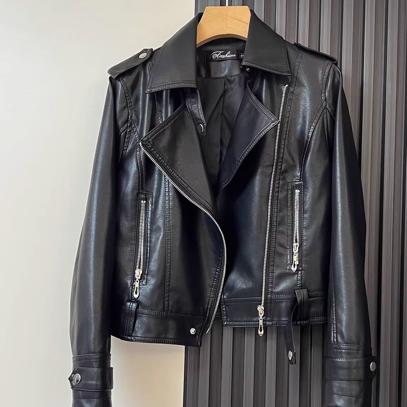 2026 New Black Leather Jacket for Women, Short Style, Suitable for Spring, Autumn, and Winter, Slimming, Petite, Pu Motorcycle Jacket with a High-End Feel