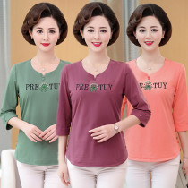 Middle-aged and elderly short-sleeved womens round neck cotton t-shirt summer clothes loose belly-covering womens clothes middle-aged mothers middle-sleeved tops