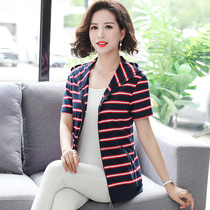 Striped short-sleeved hooded T-shirt cotton womens t-shirt short-sleeved cotton loose hooded middle-aged mother summer dress cover belly hoodie