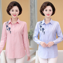 2021 new middle-aged and elderly womens spring loose cotton shirt mother wear long-sleeved striped cotton shirt top