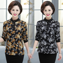 Stand-up collar printed long-sleeved T-shirt womens bottoming shirt 2020 autumn middle-aged and elderly mothers half turtleneck slim lace top