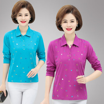Middle-aged people have flip collar to wear T-shirt spring and autumn mother clothes cotton printed coat middle-aged women 40-50 years old wear