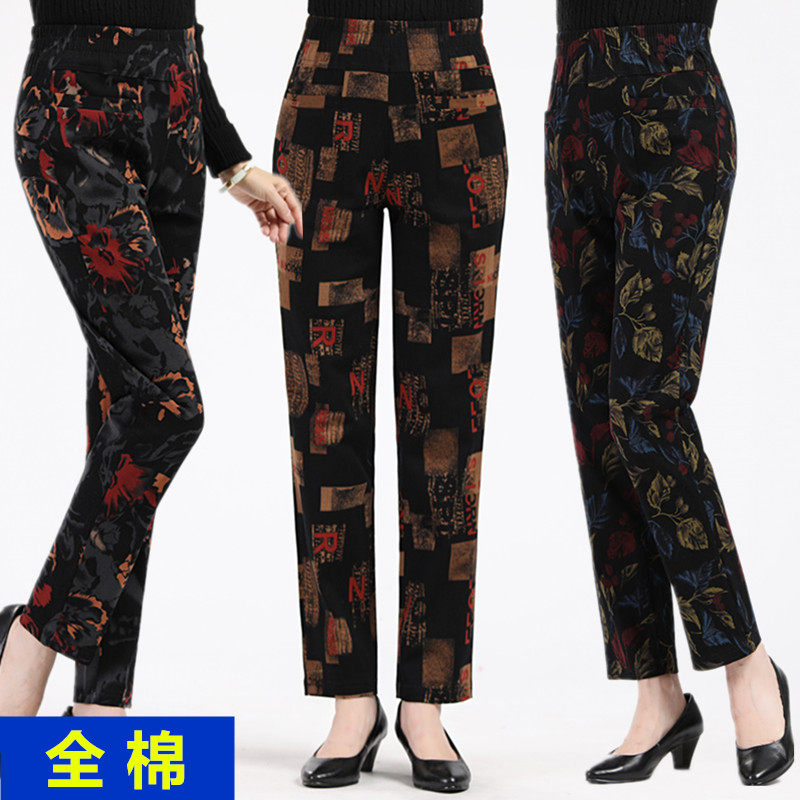 Middle Aged Girl Pants Spring Autumn New 2019 High waist All cotton Elderly pants Mom tightness waist Flower Color Casual Pants Woman