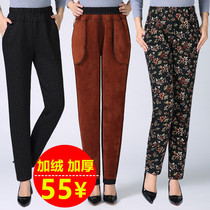 Middle-aged and elderly womens pants autumn and winter plus velvet mother elastic high waist stretch long pants middle-aged young straight tube thick pants