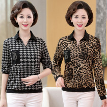 Middle-aged and elderly womens loose printing t-shirt mother wear long-sleeved ladies spring bottoming shirt top middle-aged Korean T-shirt