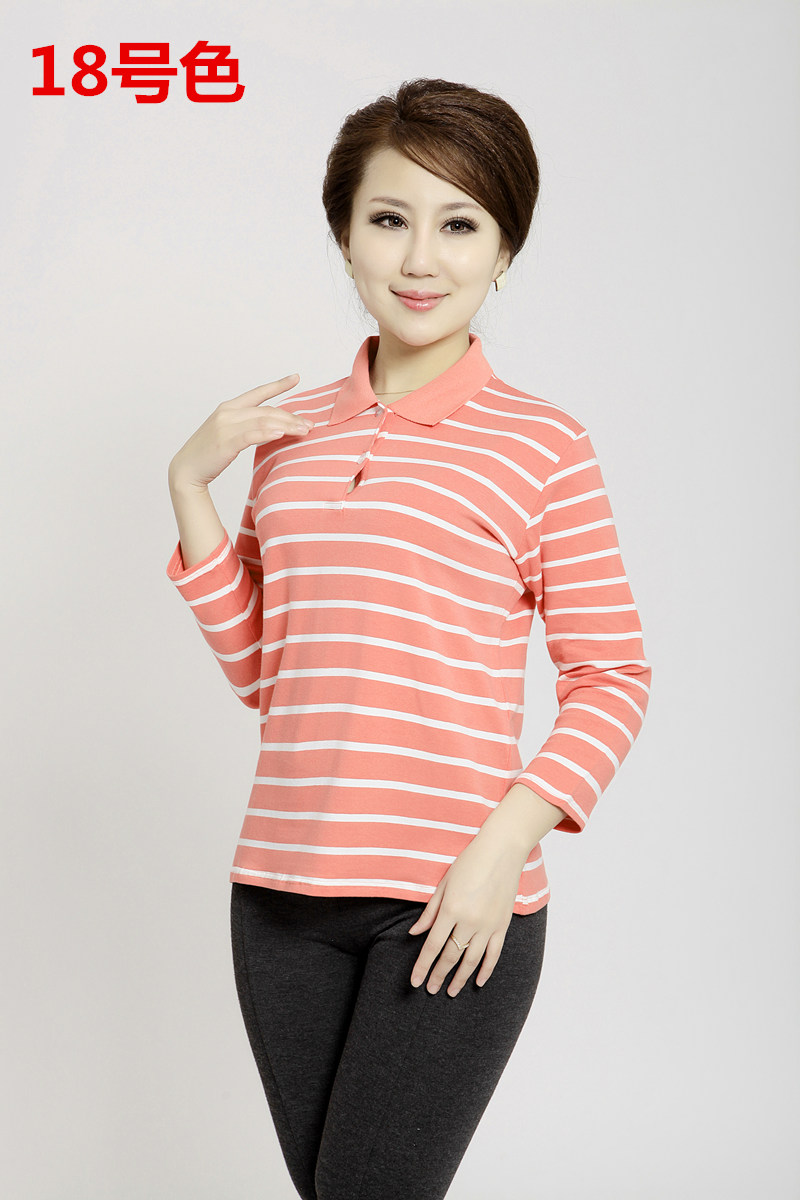 Phụ nữ trung niên mặc áo cotton dài tay áo thun mẹ mặc áo dài mùa xuân và mùa thu cổ áo POLO cotton cổ áo áo thun nữ form rộng cao cấp