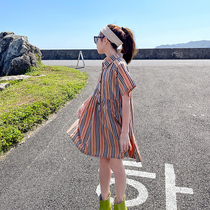 Feifei wardrobe girl dress summer 2021 new middle and big children western style stripes lapel collar college style shirt skirt