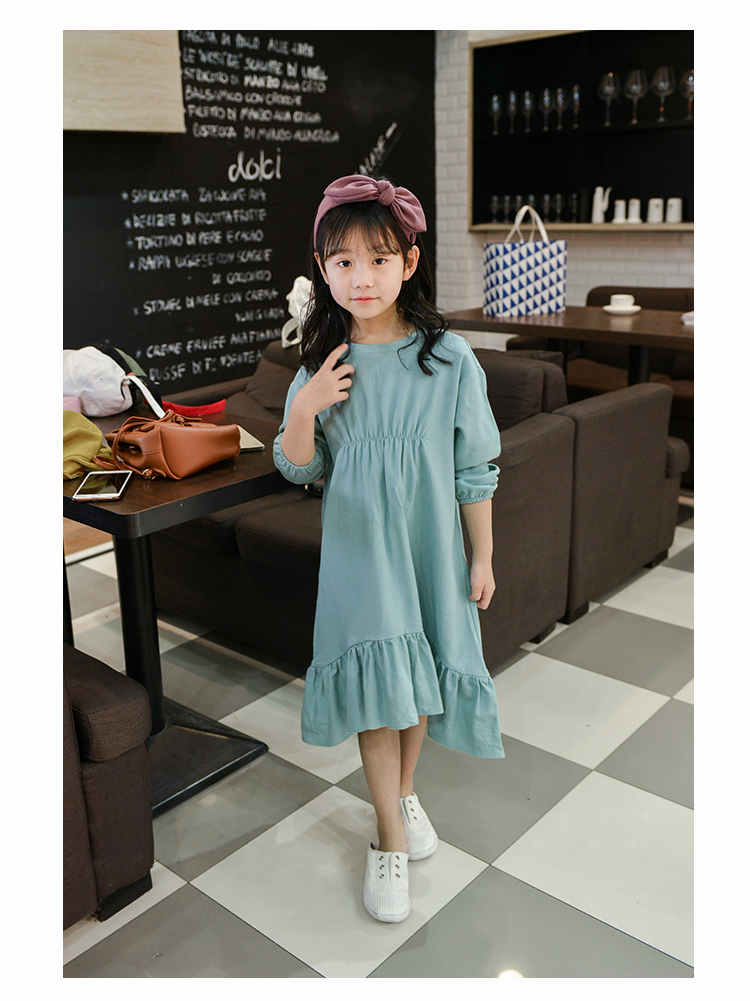 Váy bé gái 2018 xuân mới phiên bản Hàn Quốc của bé trai bồng bềnh cotton xếp li cổ tròn tay dài quần áo bé yêu