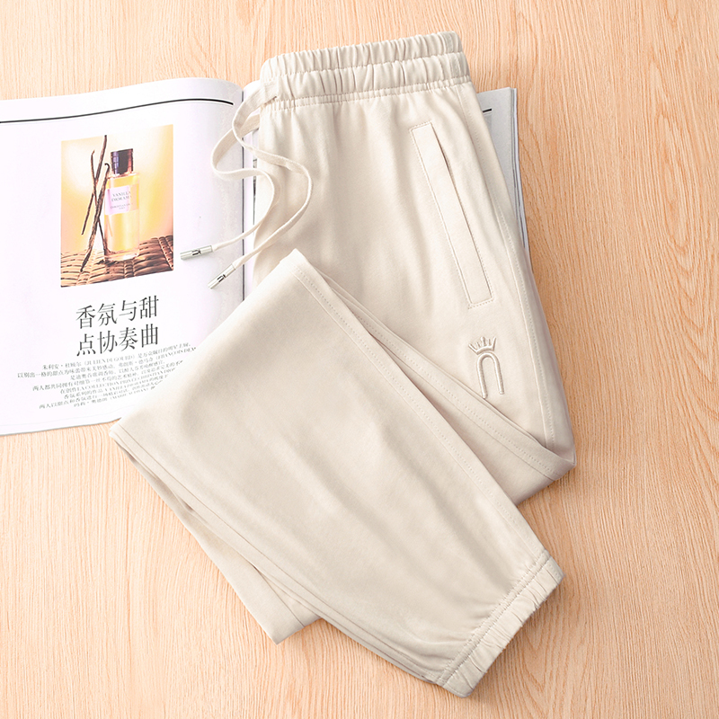Women's Summer Thin High-End Cotton Jogger Pants with Zipper, Slim Fit, Petite Size, Apricot Color, Pure Cotton Sweatpants