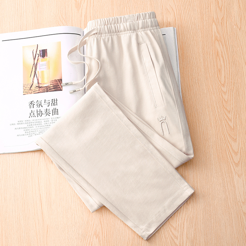 Apricot-Colored Cotton Sweatpants for Women, Summer Thin High-Quality Straight-Leg Pants with Zipper Pockets, Slimming Casual Pure Cotton Joggers