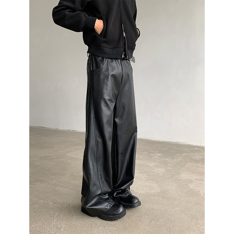 Tangz Studio Trendy Brand Three-Dimensional Cut Pu Leather Pants for Men, Loose Fit, High-End Vibe, Straight Wide-Leg Casual Pants