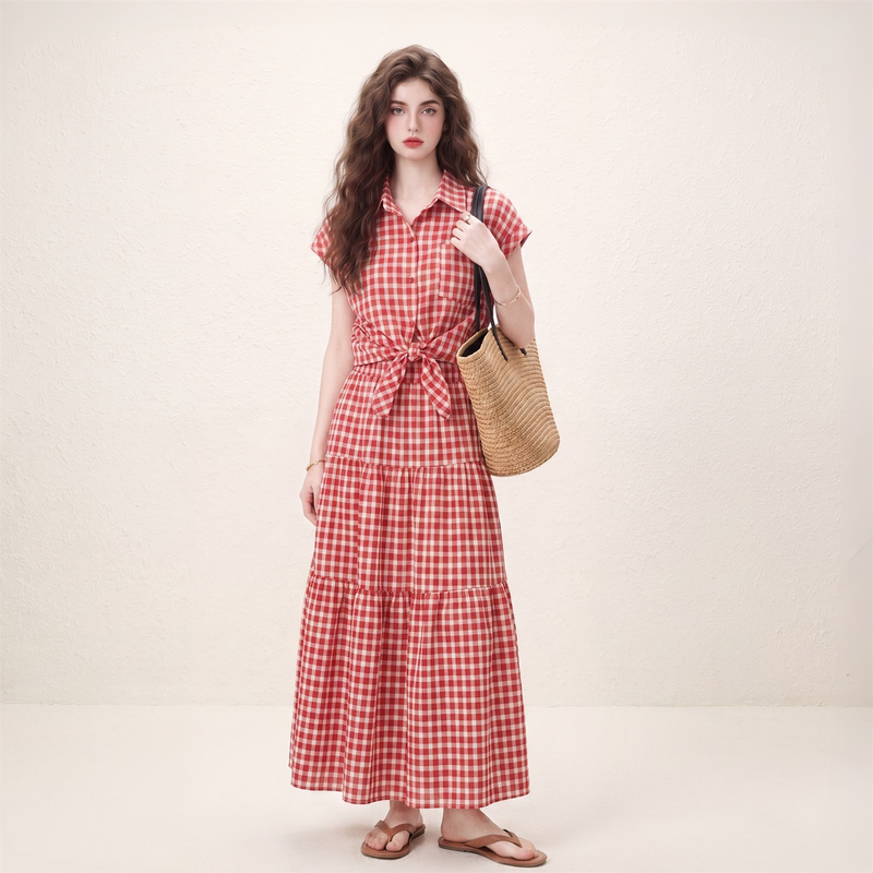 Morin Red Plaid Waist-Cinching Shirt Dress for Women, Summer 2026 New Trendy Slimming and Age-Reducing Long Dress Morin Red Plaid Waist-Cinching Shirt Dress for Women, Summer 2026 New Trendy Slimming and Age-Reducing Long Dress