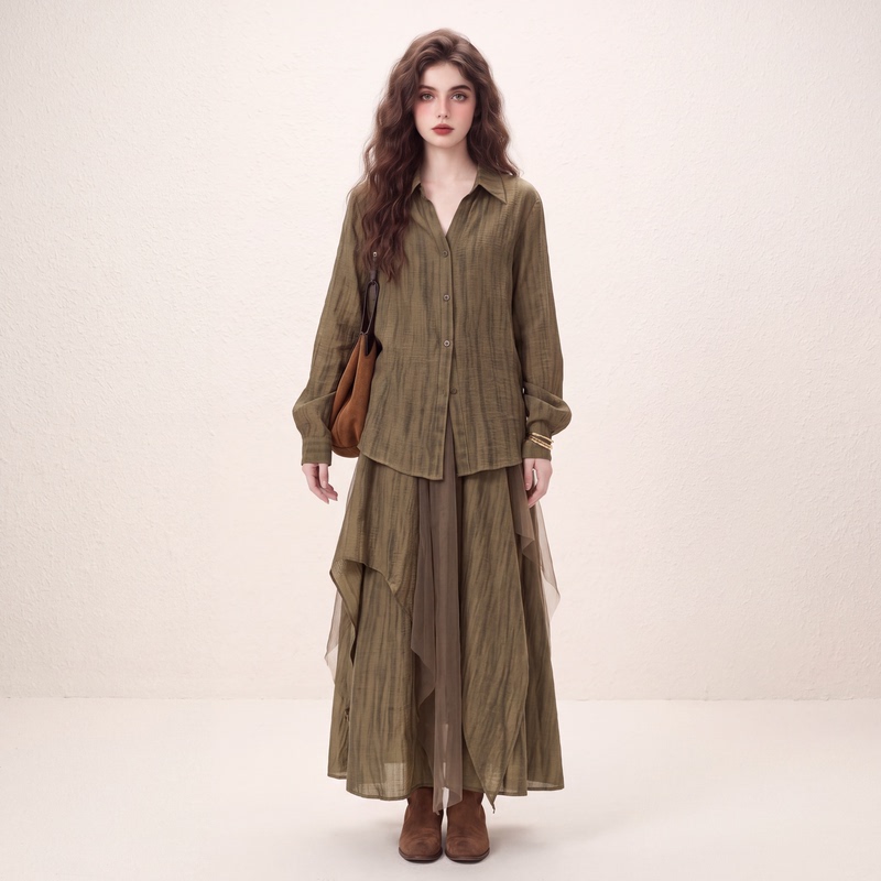 Morin Forest-Style Retro Tie-Dye Shirt Mesh Splicing Skirt Suit for Women Autum 2026 New Two-Piece Set