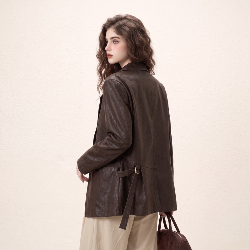 Morin Coffee-Colored Retro High-End Lapel Suit Leather Jacket for Women, Autumn 2026 New Style, Trendy and Stylish Top