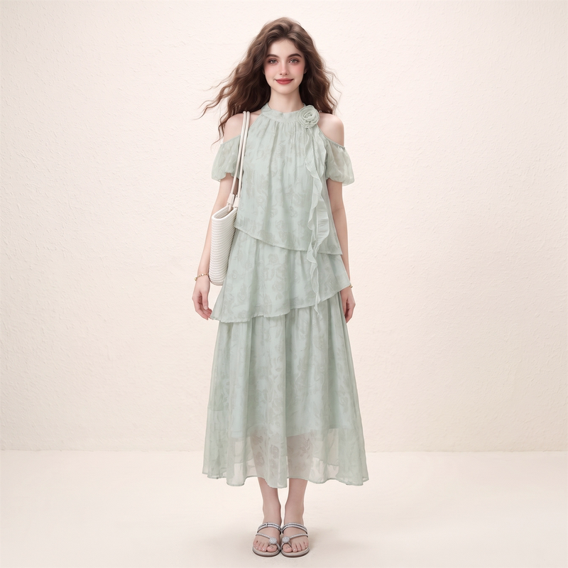 Morin Matcha Green Floral Ruffle Off-Shoulder Dress for Women Summer 2026 New Fresh and Beautiful Layered Dress Morin Matcha Green Floral Ruffle Off-Shoulder Dress for Women Summer 2026 New Fresh and Beautiful Layered Dress