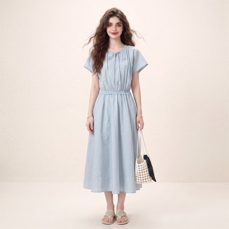 Morin Gray-Blue Lace-Up Waist Dress for Women, Summer 2026 New Style, Super Beautiful, Gentle and Cool Style Long Dress Morin Gray-Blue Lace-Up Waist Dress for Women, Summer 2026 New Style, Super Beautiful, Gentle and Cool Style Long Dress