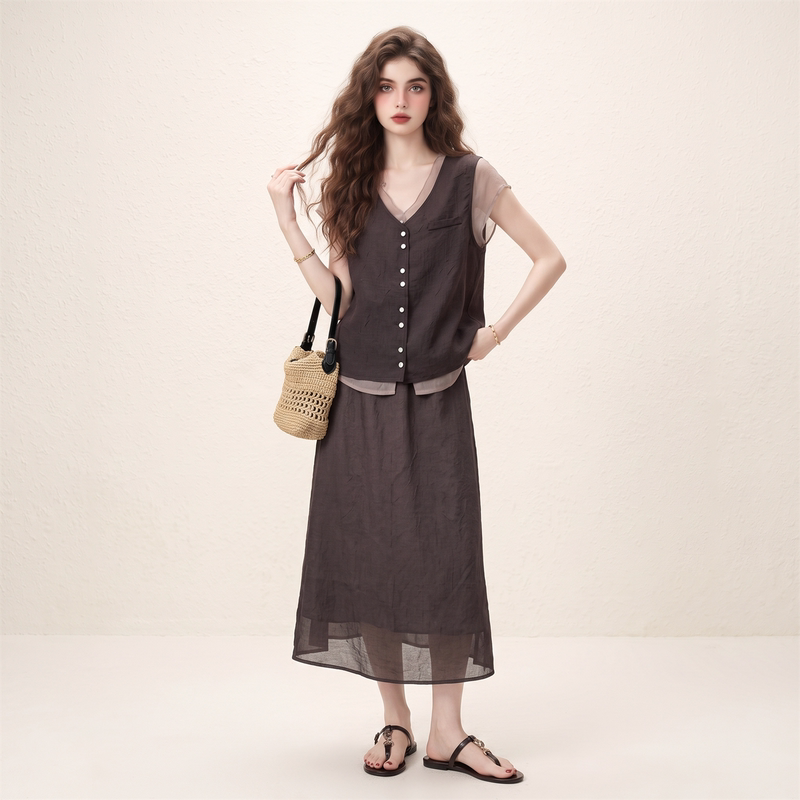 Morin Dark Brown Fake Two-Piece Contrasting Color Top and Skirt Set for Women Summer 2026 New Lightweight Two-Piece Set Morin Dark Brown Fake Two-Piece Contrasting Color Top and Skirt Set for Women Summer 2026 New Lightweight Two-Piece Set