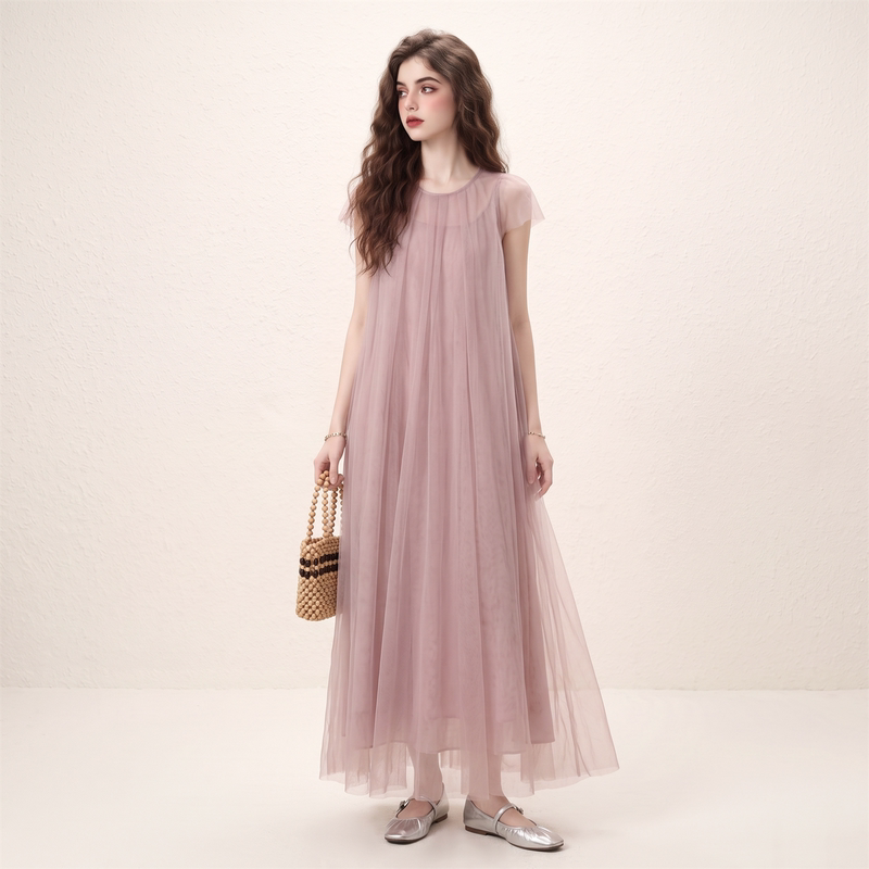 Morin Soft Mist Pink Flutter Sleeve Tulle Dress for Women, Summer 2026 New Style, Ethereal and Flowing, Slimming and Elegant Long Dress