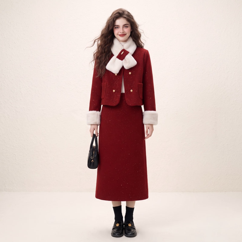 Morin Christmas Red Scarf down Jacket Coat Skirt Woolen Suit Women's Autumn and Winter 2026 New Two-Piece Set Morin Christmas Red Scarf down Jacket Coat Skirt Woolen Suit Women's Autumn and Winter 2026 New Two-Piece Set