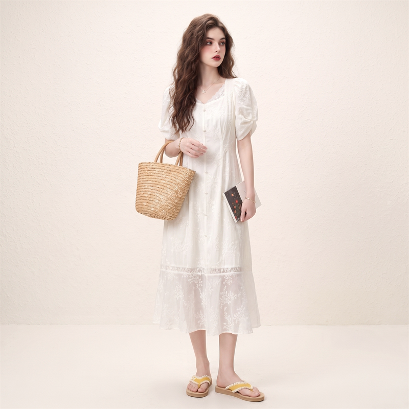 Morin Milk White Lace Embroidered Puff Sleeve Dress for Women Summer 2026 New Style Stunning Elegant Princess Dress Morin Milk White Lace Embroidered Puff Sleeve Dress for Women Summer 2026 New Style Stunning Elegant Princess Dress