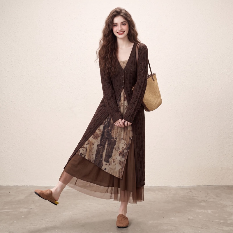 Morin Relaxed Print Patchwork Camisole Dress Cardigan Set Women's Autumn 2026 New Two-Piece Set Morin Relaxed Print Patchwork Camisole Dress Cardigan Set Women's Autumn 2026 New Two-Piece Set