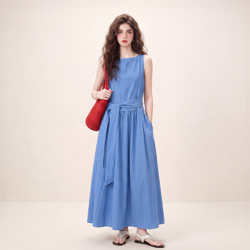 Morin Klein Blue Sleeveless Lace-Up Dress for Women, Summer 2026 New Style, Waist-Cinching, Slimming, Vacation Style Long Dress Morin Klein Blue Sleeveless Lace-Up Dress for Women, Summer 2026 New Style, Waist-Cinching, Slimming, Vacation Style Long Dress