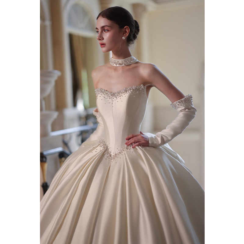White Satin Strapless Haute Couture Wedding Dress for Brides, 2026 New Luxury Design, Heavily Embellished, Petite Size, Main Gown with Long Train for Women White Satin Strapless Haute Couture Wedding Dress for Brides, 2026 New Luxury Design, Heavily Embellished, Petite Size, Main Gown with Long Train for Women