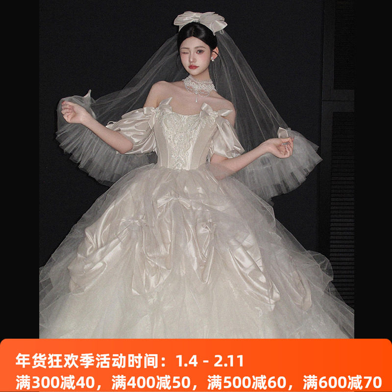Свадебное платье на одно плечо bride 2026 новая легкая роскошная нишевая модель высокого класса fugitive princess из небольшой пряжи для тяжелой промышленности с шлейфом из основной пряжи