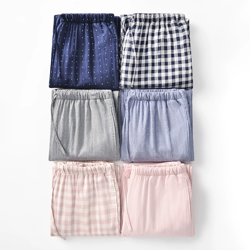 Muji-Style Japanese Cotton Simple Gauze Sleep Pants with Drawstring and Elastic Waistband, Suitable for Wearing Outside, High-Quality Unisex Couple's Home Pants