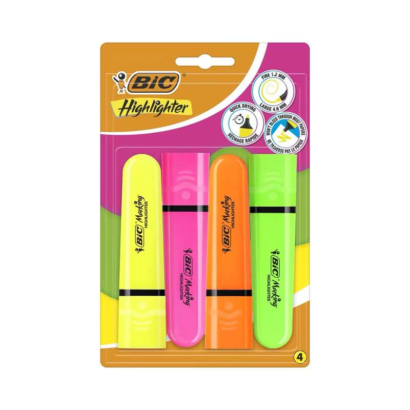 French Bic Highlighter Colorful Fluorescent Markers for Highlighting Key Points in Notebooks, Set of 4