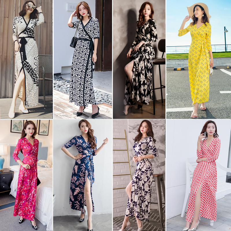 2025 New Autumn Dress for Women, V-Neck Long Printed Tie-Waist Elegant One-Piece Stretch Wrap Dress