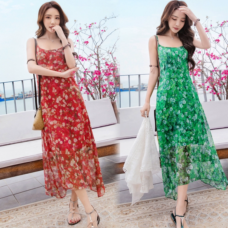 Mùa hè 2019 mới voan bãi biển đình chỉ váy hoa dài giữa váy Một từ khí chất boho - A-Line Váy