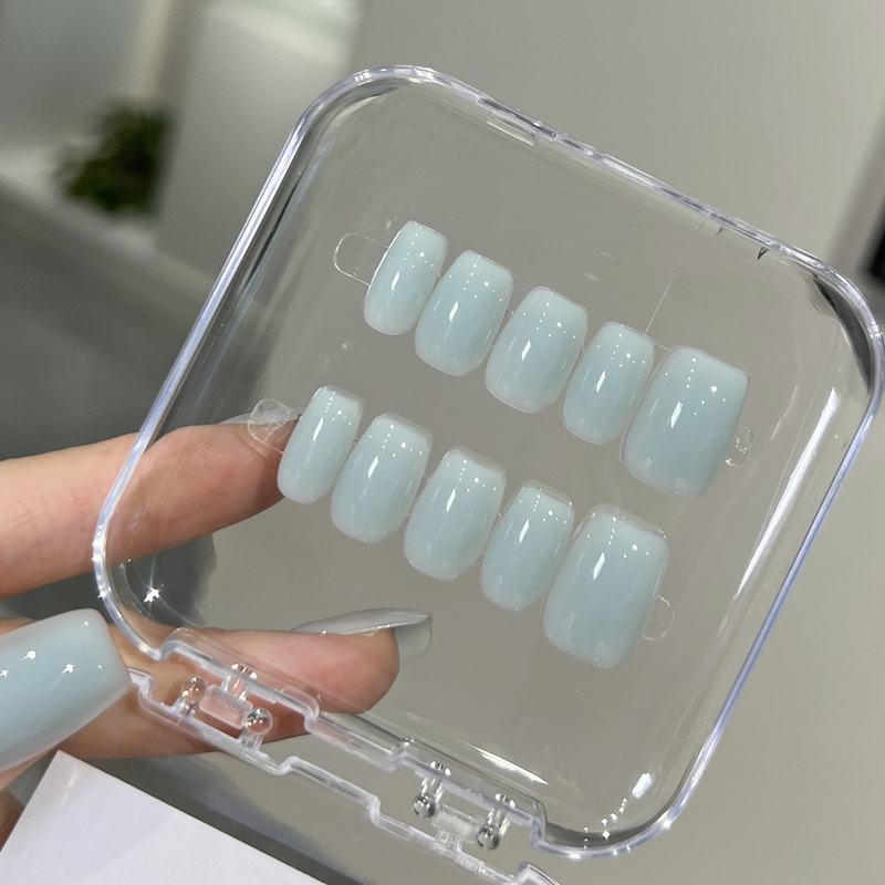 Korean-Style Mint Blue Solid Color Construction Wearable Nails, Short Style, Handmade, Brightening, Everyday Gentle Nail Patches