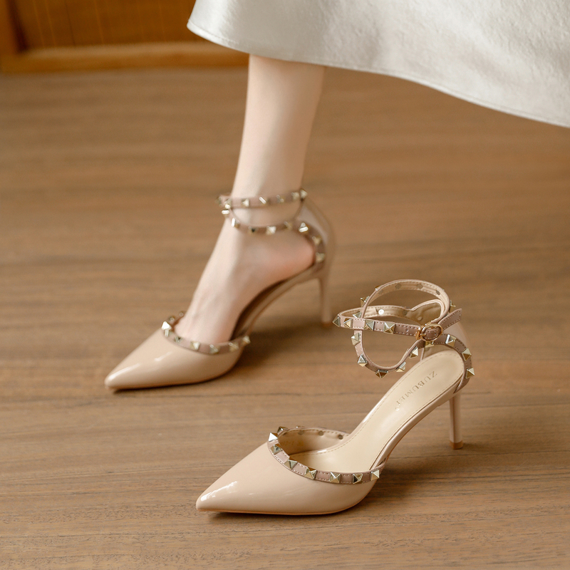 2026 Summer New Style High-Heeled Shoes with Pointed Toe, Rivets, Thin Heels, One-Strap Versatile Sandals for Women, Nude Color, Stunningly Beautiful