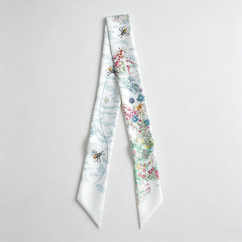 2026 New D Silk Scarf with Floral Print, 100% Mulberry Silk, Silk Bag Handle, 100cm Silk Ribbon, Hair Tie for Women