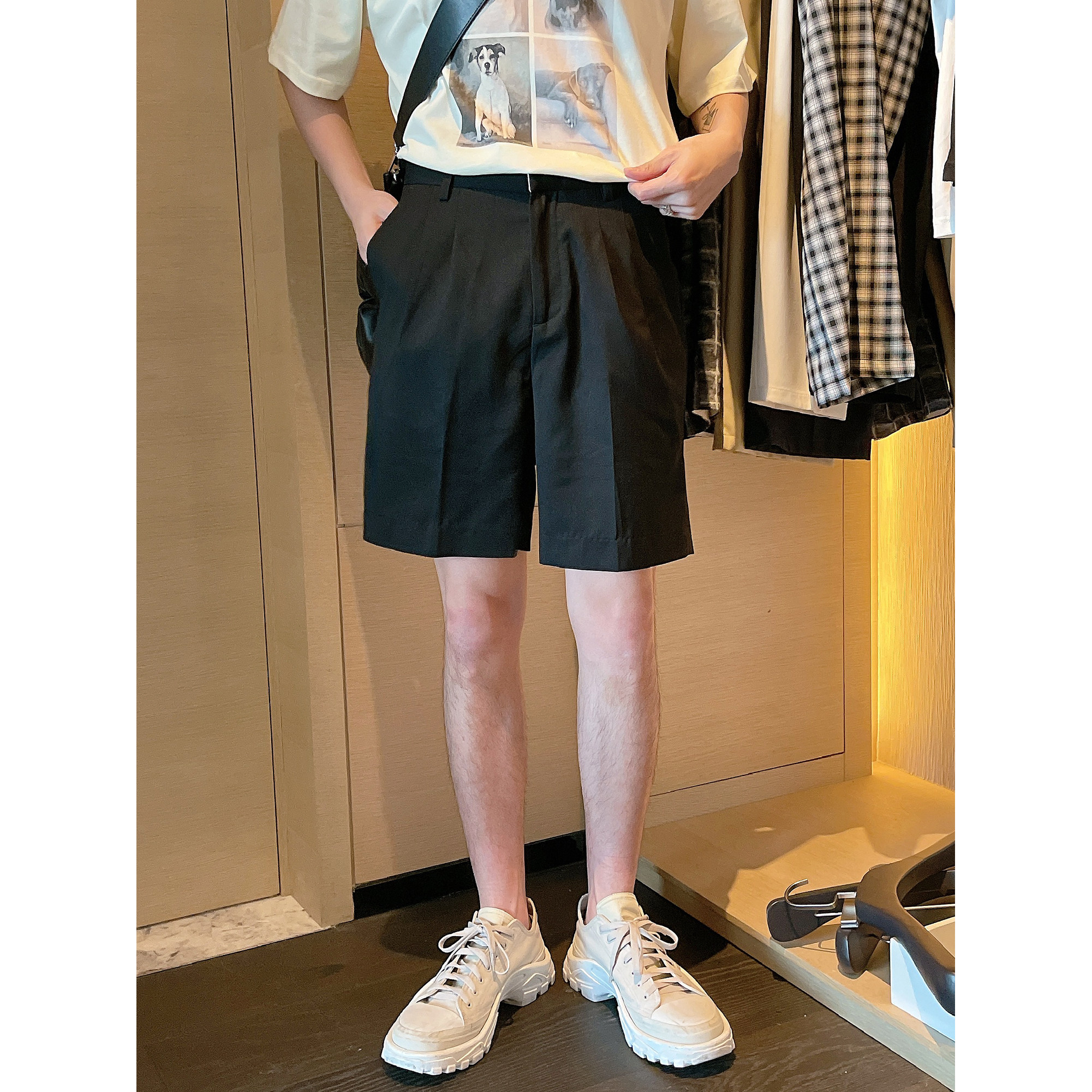 CCJE Summer Black Suit Shorts Men Casual Mid Pants Pendant Sensation 50% Guys pants Korean version Trend