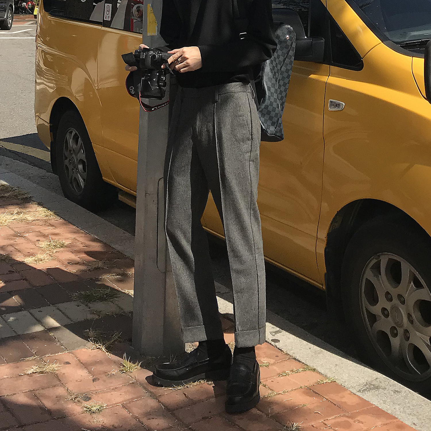 CCJE／松紧腰 人字纹灰色毛呢西裤
