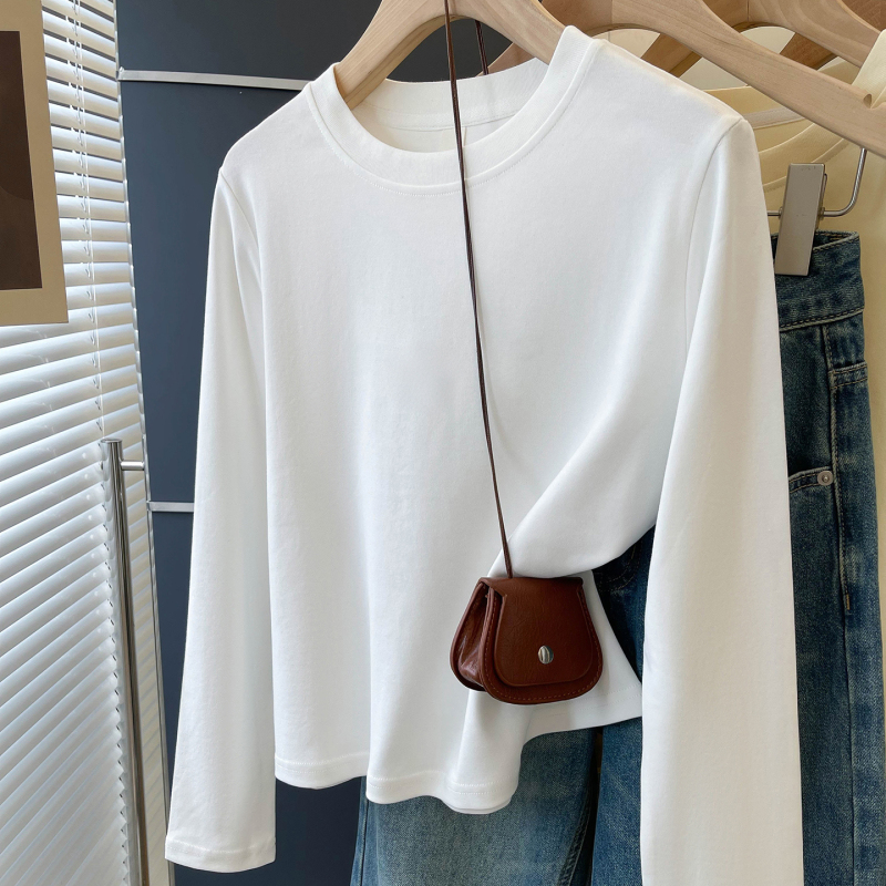 Minimalist Short White Long-Sleeve T-Shirt for Petite Women, Autumn Loose Fit, Round Neck, Regular Shoulder, Versatile Top Minimalist Short White Long-Sleeve T-Shirt for Petite Women, Autumn Loose Fit, Round Neck, Regular Shoulder, Versatile Top